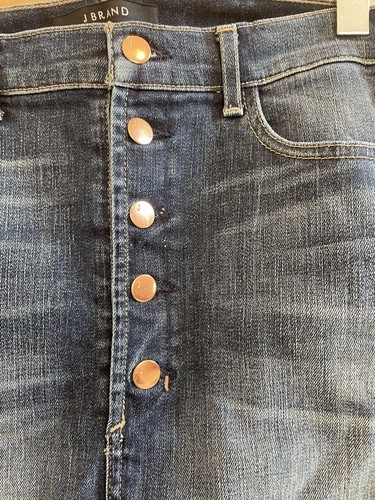 Mini gonna denim marca J Rosalie orlo grezzo oro rosa bottoni mosca lavaggio scuro taglia 28 - Foto 3 di 6