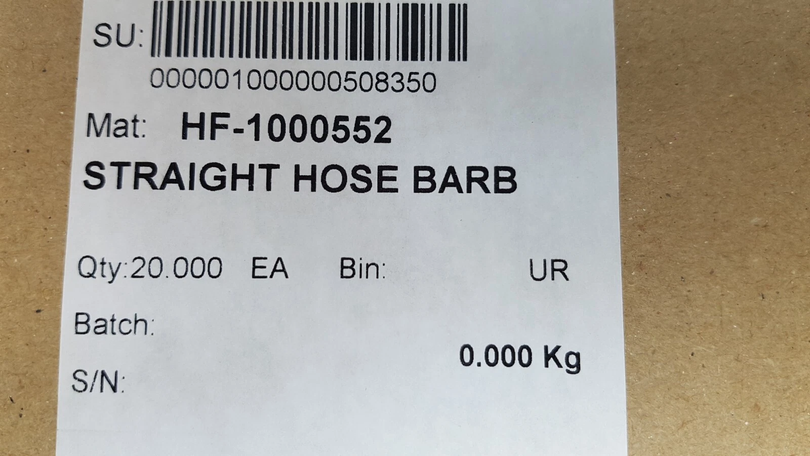 Lumenis material label reading HF-1000552 STRAIGHT HOSE BARB