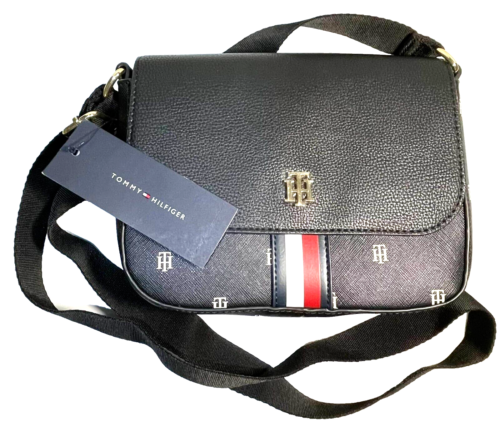 Tommy Hilfiger Women's Small Black Crossbody Flap Purse Shoulder Bag Logo 8x6.5"