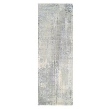 4' x 12' Hand Knotted Mosaic Design Gray Wool and Silk Runner Rug R63061