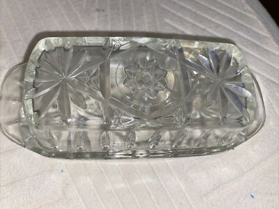 Vintage Anchor Hocking Star of David Starburst Prescut Glass Butter Dish & Lid