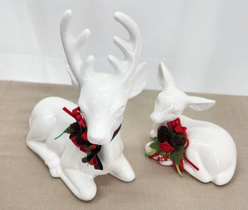 DELUXE DEER FAMILY W/CHRISTMAS BOWS TWO PIECE EARTHENWARE CENTER PIECE #1 - Picture 10 of 11