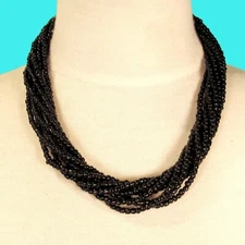 18" Multi Strand Shiny Black Color Handmade Seed Bead Statement Necklace 