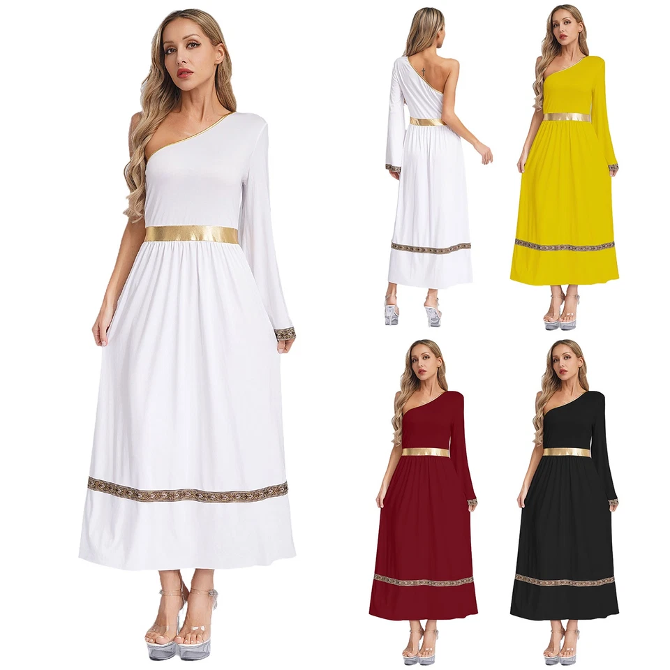 Women Roman Toga Dress Praise Dance Costume Halloween One Shoulder Long Sleeve - Image 2 of 4
