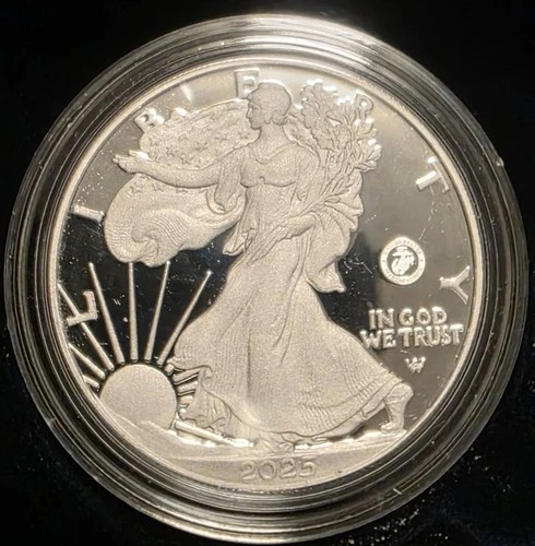 2025 Silver Eagle Proof Marine Corps 250th Anniversary W/OGP Whit Milk Spots