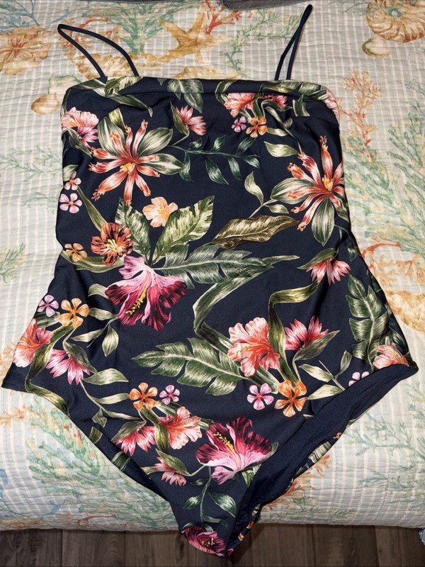 H&M Navy Floral Print One Piece Swimsuit Women's Size 8 Tropical Resortwear