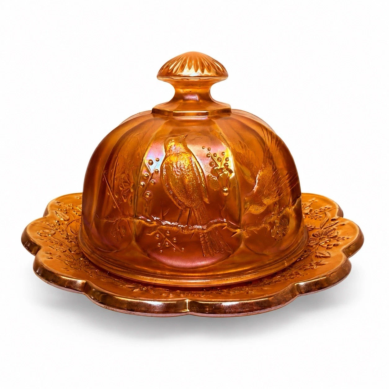Antique Northwood Marigold Carnival Glass Dome Butter Dish Bird Pattern RARE