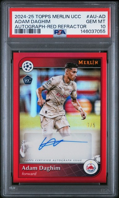 7055 Adam Daghim 2024 Topps Merlin Chrome UEFA #AU-AD Red Auto RC /5 PSA 10
