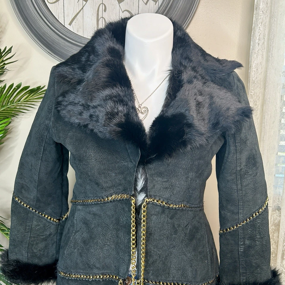 Vintage Rocawear Black Leather Rabbit Fur Coat Women’s XL Gold Chain Trim - Image 4 of 4