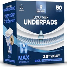 50 Pack Disposable Incontinence Bed Pads 36"x36" - Super Absorbent Protection