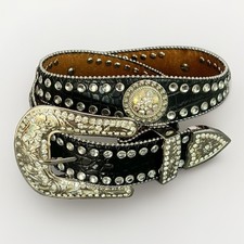 Blazin Roxx Western Belt Black Leather Rhinestone Croc Embossed Studded Sz Small