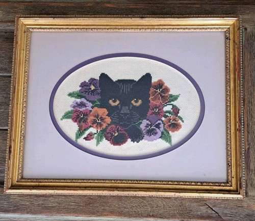 Kreuzstich fertig gerahmt schwarze Katze & Blumen Wandbild - Bild 2 von 16