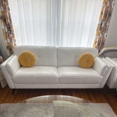 White Leather Sofa Set with Armchair and Ottoman, Wood Frame, Modern Style