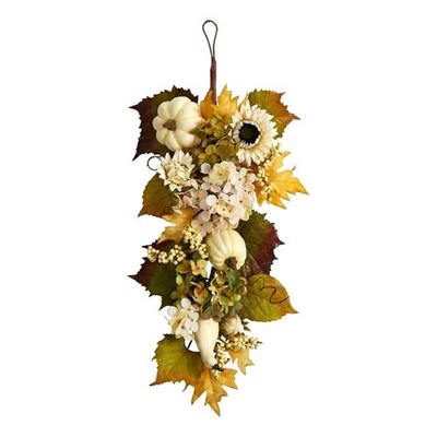 Pemberly Row 33'' Fall Sunflower/Hydrangea & White Pumpkin Artificial Teardrop