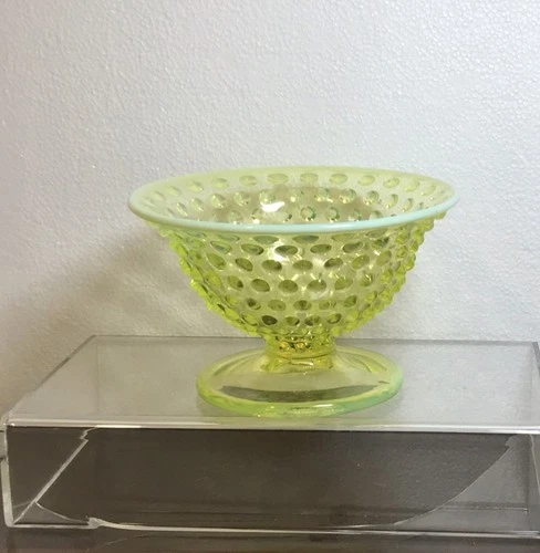 Vtg Fenton Yellow Topaz Uranium Vaseline Hobnail Opalescent Glass Compote Dish