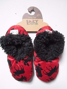 Lazy One Fuzzy Feet Slippers Slip on Red Black Moose S-m 4 to 6