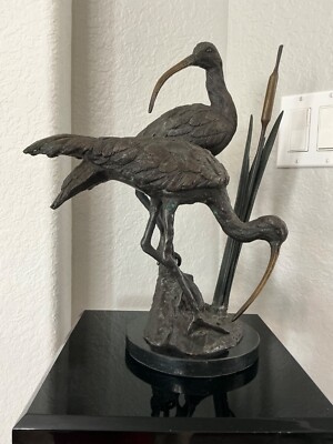Bronze Ibis Birds Pair w Cattails- Detailed- Large 15'' Beautiful