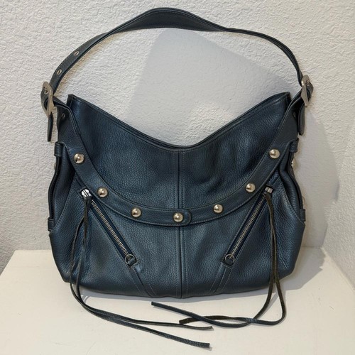 Botkier TRIGGER Mermaid Blue Moto Leather Hobo Shoulder Bag Studded Fringe - Bild 1 von 15