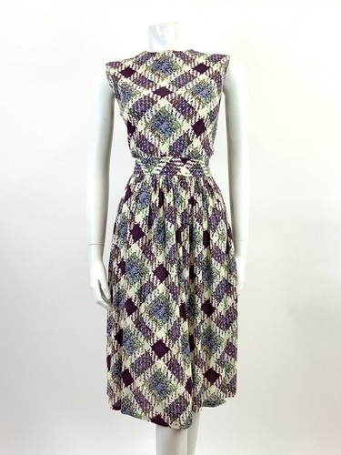 VTG 60s 70s WHITE PURPLE GREEN ORANGE CHECKED PLAID BLOUSON SLEEVELESS DRESS 10 - Picture 2 of 7