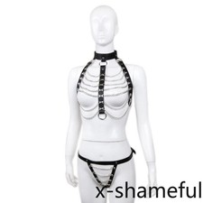 Steel Chain Bra Set Leather Cupless Ring Thong Panty Lingerie Women Body Harness