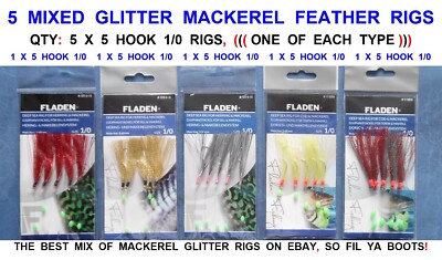 MIXED GLITTER RIGS HOOK 1/0 SEA FISHING LURES COD HERRING MACKEREL  FEATHERS UK