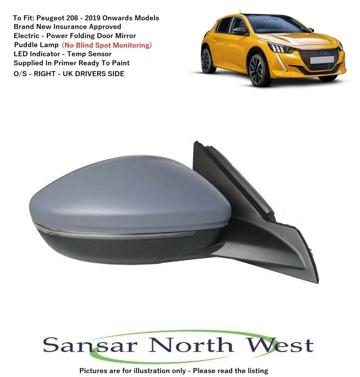 For Peugeot 208 Drivers Door Mirror Electric Power Fold O S RIGHT