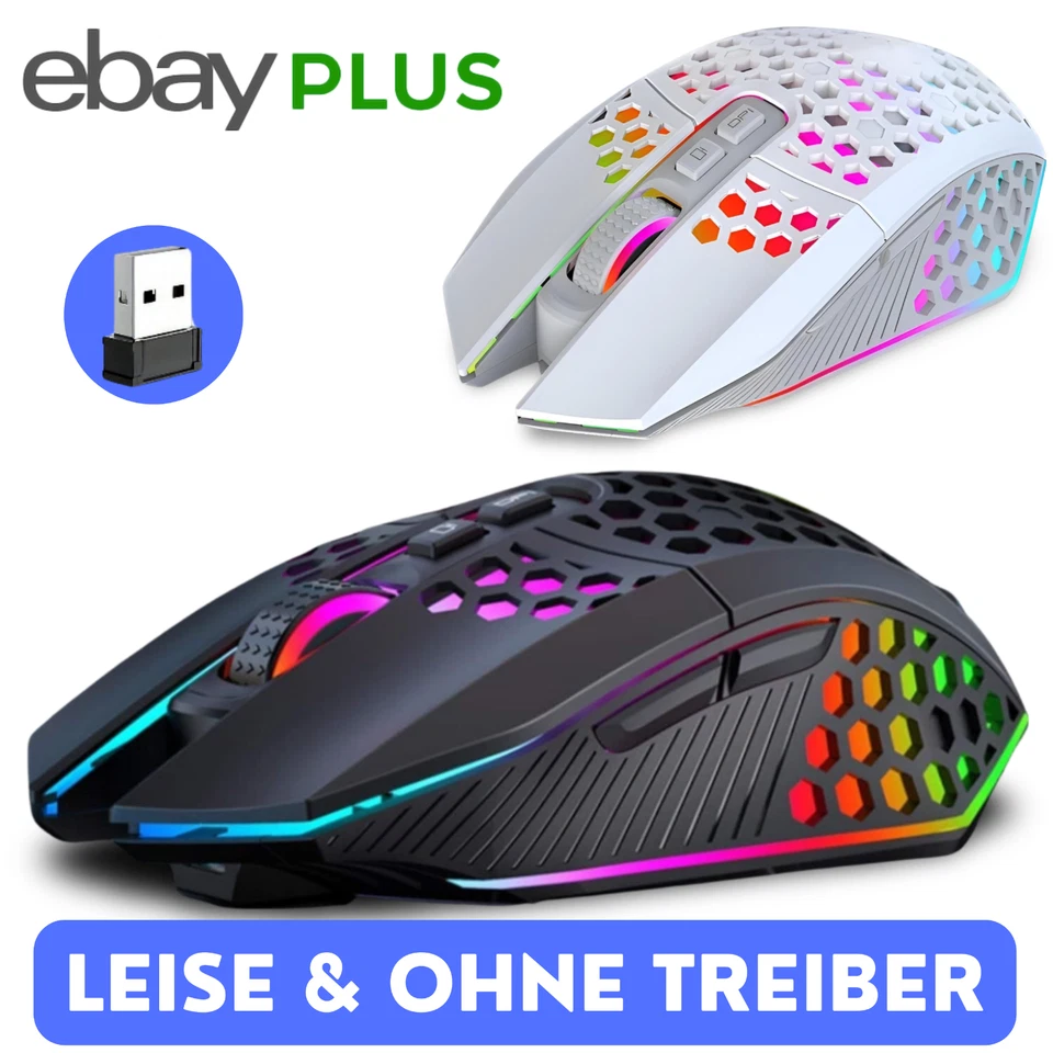 Gaming Maus Kabellos Weiß Wireless Leise RGB Mouse PC Laptop Funk USB-Dongel - Bild 3 von 4