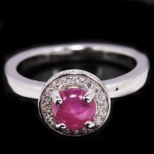 925 STERLING SILVER NATURAL PINK RED RUBY ROUND CABOCHON  WHITE CZ RING SIZE 7