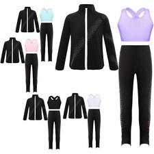 Kid Girl Costumes Youth Sweatsuit 3Pcs Activewear Skinny Crop Top Ballet Pants