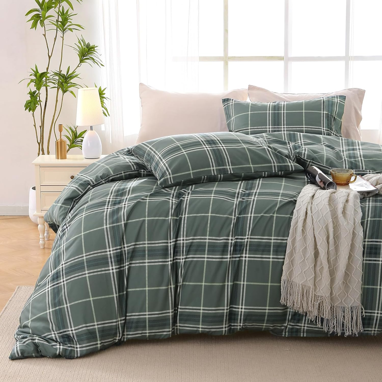 Duvet Cover Queen Size, Reversible Floral Grey Plaid Duvet Cover Set with Zipper-image