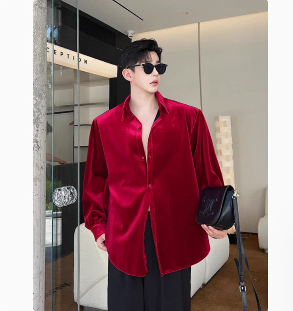 Camisa masculina juvenil coreana moda veludo gola redonda manga comprida palco 3502 - Imagem 4 de 4