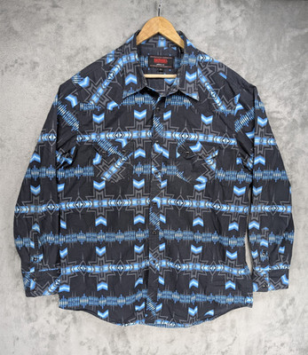 Rock & Roll Cowboy Men s XL Modern Fit Aztec Pearl Snap Shirt Black Blue Western