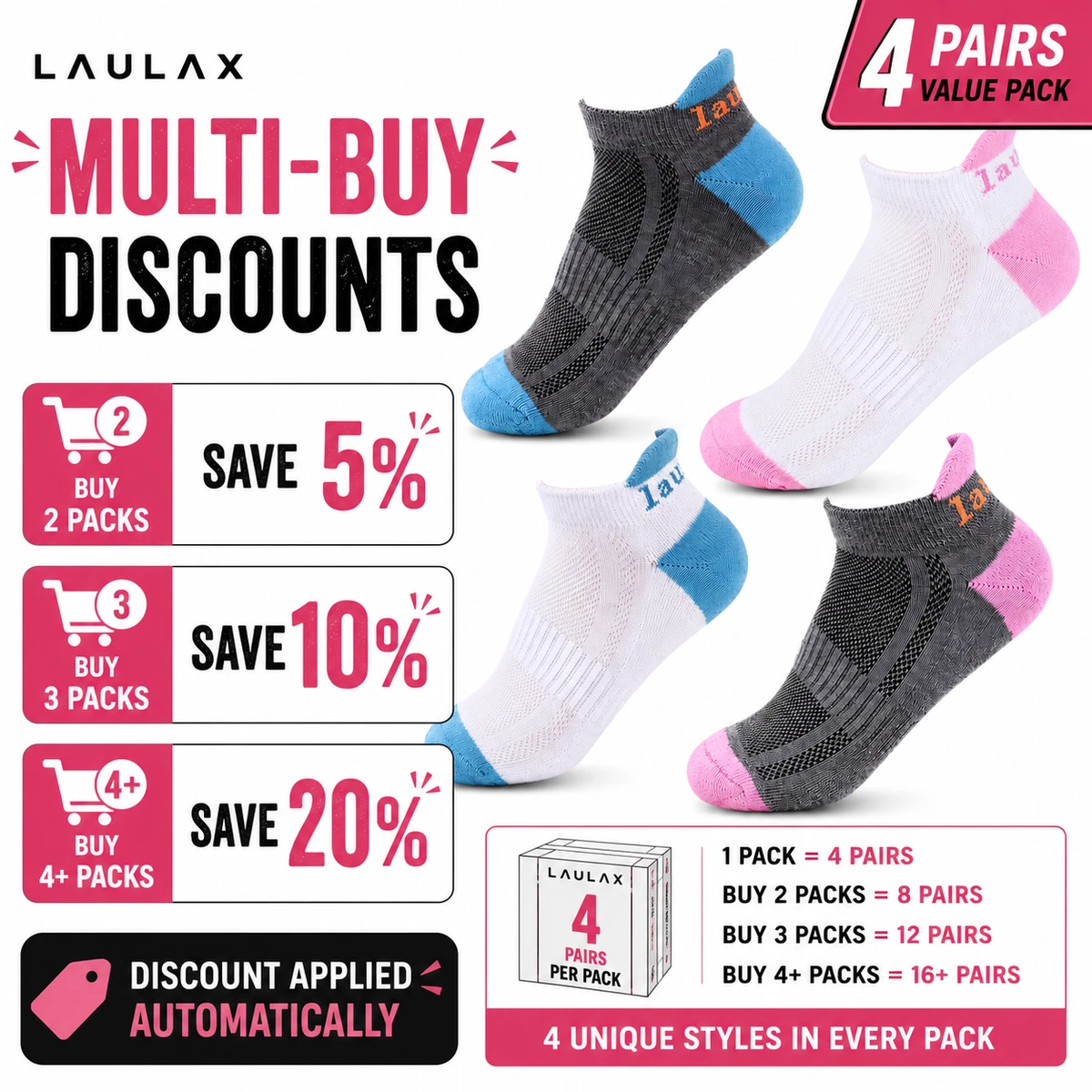 4 pares de calcetines deportivos acolchados con soporte para el arco para mujer Reino Unido 3-7