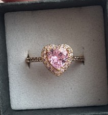 Romantic Pink CZ Heart Engagement Ring, Halo Setting - Size 7 Rose Gold Plated