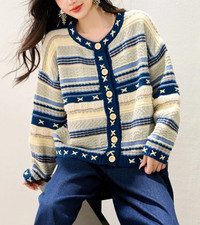 Fashion Color Blocked Knitted Cardigan 2026 Spring New Stripe Print O-neck Singl