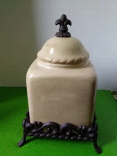Ceramic Canister Metal Caddy Artimino Tuscan Countryside Cream Fleur de Lis 10"