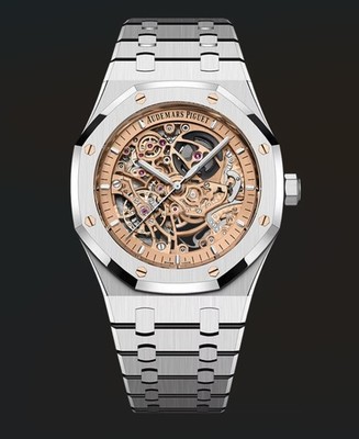 AP 15407ST.OO.1220ST.02 Royal Oak Double Balance Wheel Openworked Salmon