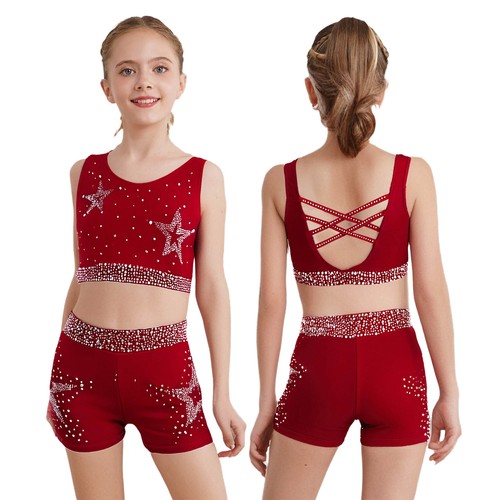 Kids Girls Outfit Cropped Vest Set Sport Suit With Shorts Athletic Shiny Dance - Picture 15 of 69