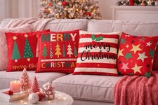 Set Of 4 Red Green Festive Christmas Pillow Covers 18x18 NEW Holiday Stars Holly