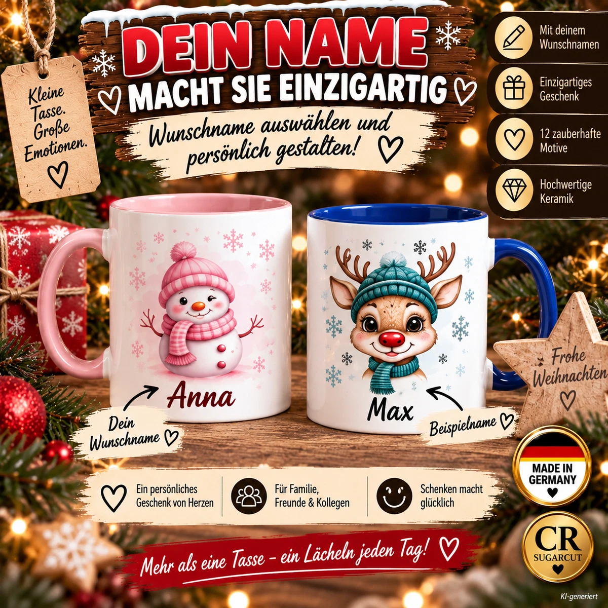 Personalisierte Weihnachtstasse mit Name 12 Motive 4 Farben 330ml