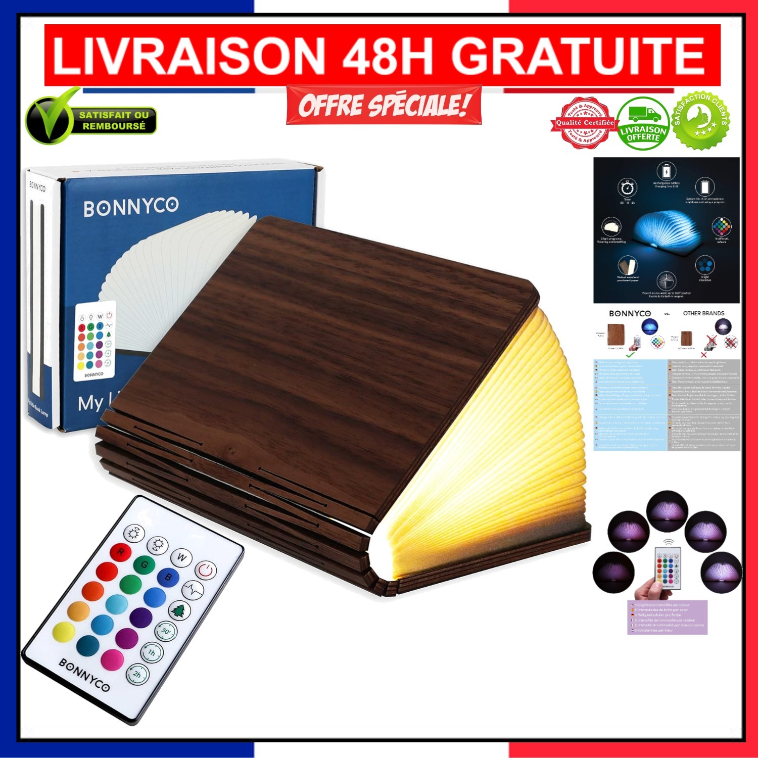 Lampe livre pliable idée cadeau design original veilleuse télécommandée en bois