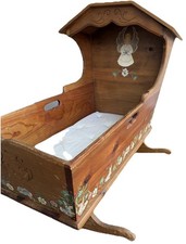 Vintage HANDPAINTED Solid Wooden Rocking Cradle Crib Baby Bed Bonnet Top Hood