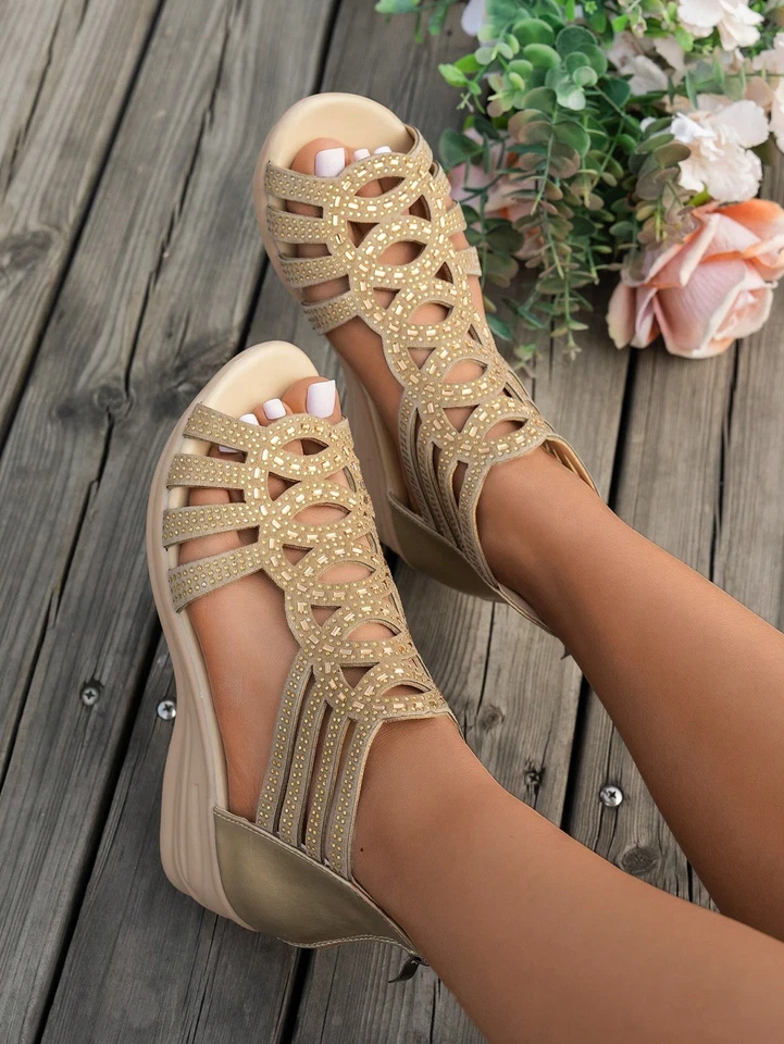 Sandalias de cuña para mujer plataforma tacón bajo punta abierta diamantes de imitación brillantes gamuza, 7 Foto 4 de 4