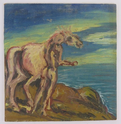 Peinture Huile Sur Table 1965 Cheval Marine Cliff Expressionniste tableau B34 - Photo 1/4