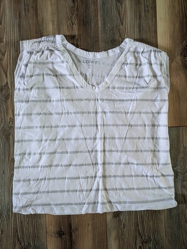 Loft White & Silver Sparkle Striped Scrunch Shoulder V Neck Tank Top
