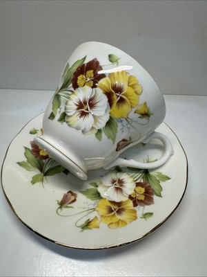 Duchess Bone China England Pansies Tea Cup & Saucer Set White Yellow & Maroon