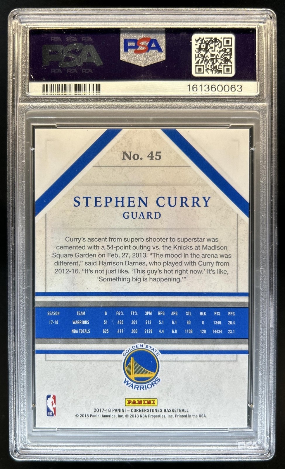 2017-18 Panini Cornerstones Stephen Curry Crystal #/89 Warriors PSA 9 view 2