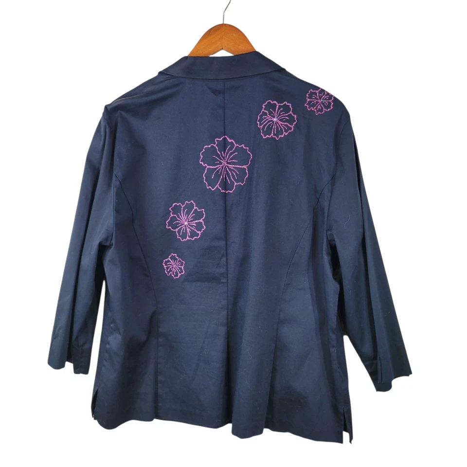 Requisitos Talla Grande 18W Top Abotonado Azul Manga 3/4 Brillo Hibisco Floral Foto 3 de 4