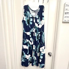 Hawaiian Aloha Tropical Blue Green White palm leaves Sleeveless Dress size XL