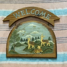 Vintage Wooden Country Deer Welcome Sign Hand Painted Cottage Decor 11 x 11